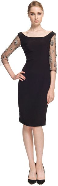 Marchesa Crepe Sheath Dress with Embroidered Sleeves in Black - Lyst