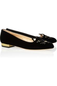Charlotte Olympia Kitty Embroidered Velvet Flats - Lyst