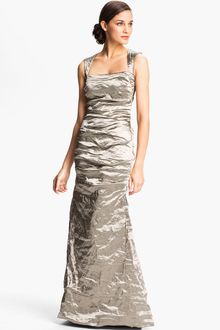 Nicole Miller Open Back Pleated Metallic Trumpet Gown - Lyst