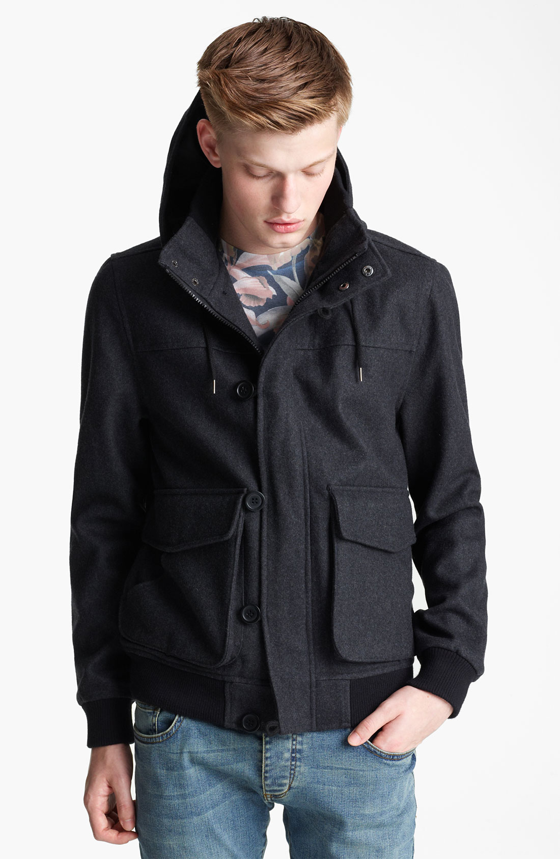 Topman Hooded Wool Blend Bomber Jacket in Gray for Men (charcoal) Lyst