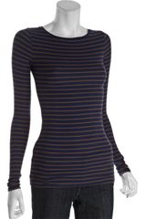BCBGMAXAZRIA Navy and Chai Striped Rib Knit Charlotte Long Sleeve Tshirt