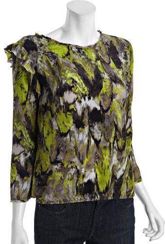 BCBGMAXAZRIA Pear Abstract Print Silk Elma Ruffle Shoulder Blouse - Lyst