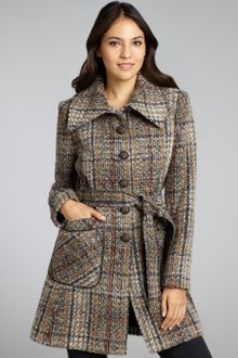 DKNY Brown Tweed Wool Woven Belted Button Down Coat - Lyst