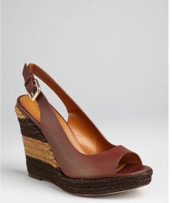 Fendi Brown Leather Peep Toe Striped Wedge Slingback Espadrilles - Lyst