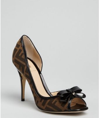 Fendi Tobacco Zucca Canvas Bow Peep Toe Pumps - Lyst