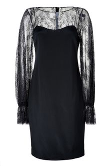 Notte By Marchesa Black Silk Bateau Long Sleeve Lace Dress - Lyst