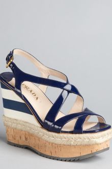 Prada Patent Leather Striped Wedge Sandals - Lyst