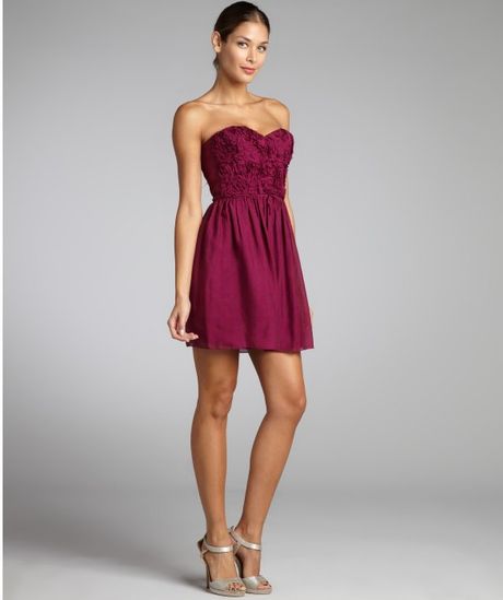 Rebecca Taylor Berry Textured Silk Rose Detail Strapless Dress in Purple (berry) - Lyst