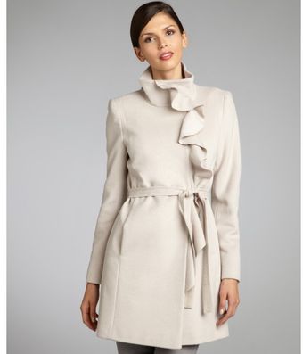 Tahari Warm Ivory Wool Blend Ruffle Front Belted Coat - Lyst