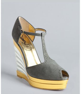 Yves Saint Laurent Grey Suede Robyn 105 Tstrap Fan Wedges - Lyst