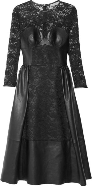 Mulberry Paneled Leather and Lace Dress - Lyst