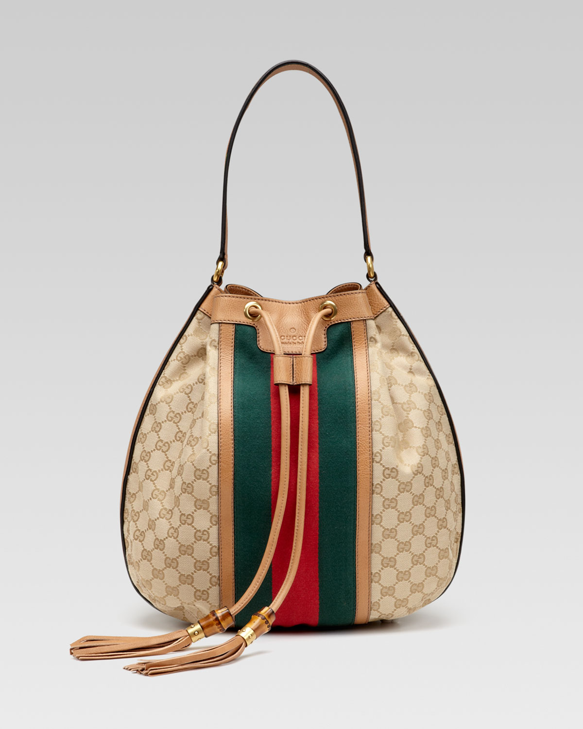 Gucci Rania Canvas Drawstring Shoulder Bag Classic Khaki in Beige