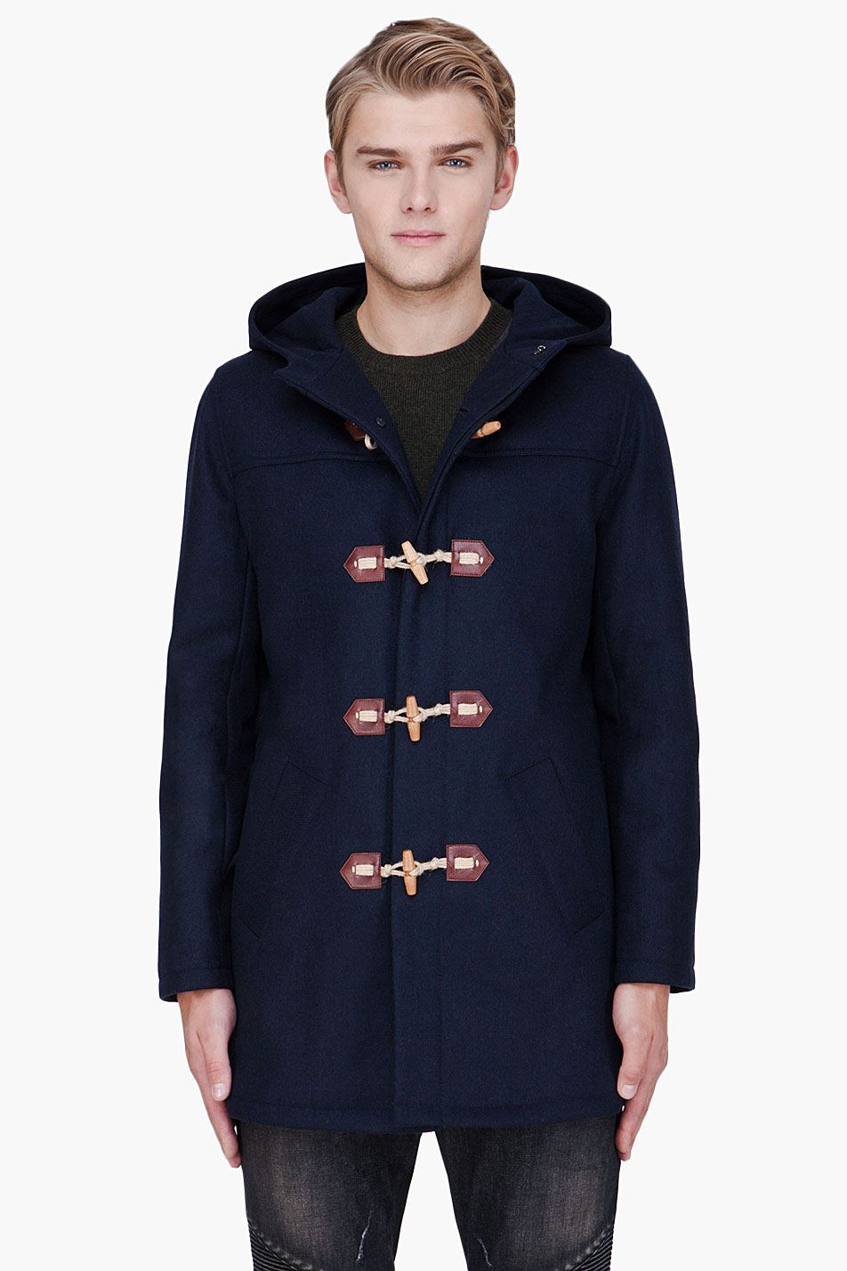 Men's fashion Mid length classic wool mix duffle coat in navy. Hand made in England- really- not all `British`duffles are made here anymore. Made from the best Italian cloth from Tuscany.