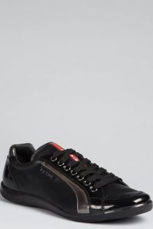 Prada Prada Sport Black and Gunmetal Leather Striped Sneakers - Lyst