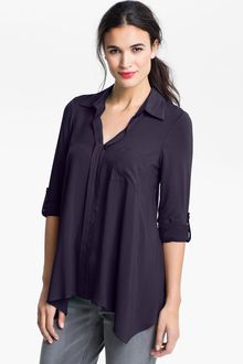 Pleione Split Neck Roll Sleeve Mixed Media Top - Lyst