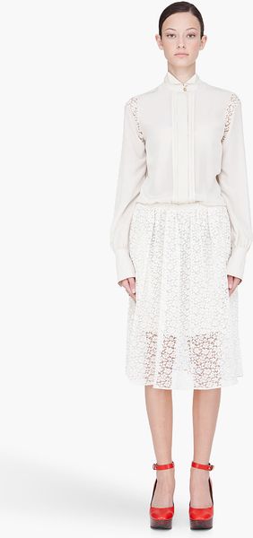 Chloé Offwhite Long Sleeve Lace Panelled Midi Dress - Lyst