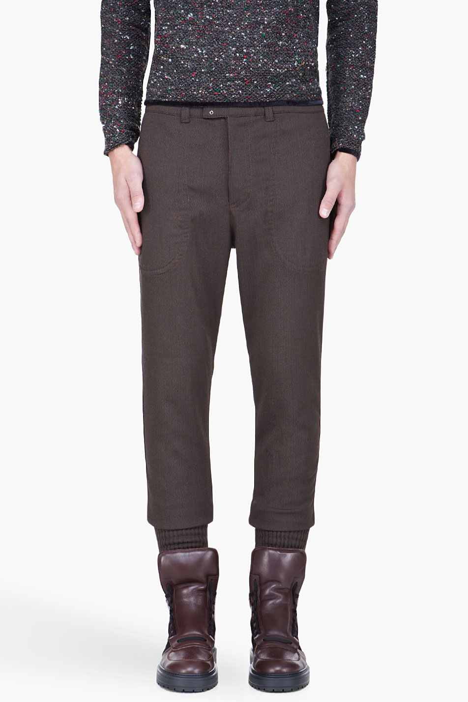 White Mountaineering Brown Herringbone Twill Shirred Cuff Pants in