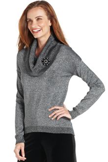 Ellen Tracy Long Sleeve Cowlneck Metallic Sweater - Lyst
