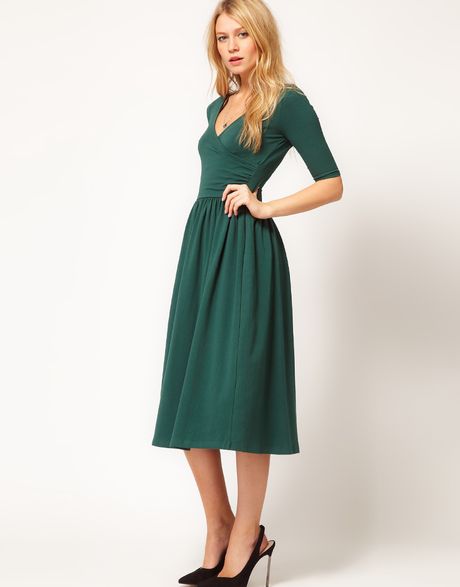 Asos Midi Dress with Ballet Wrap in Green | Lyst