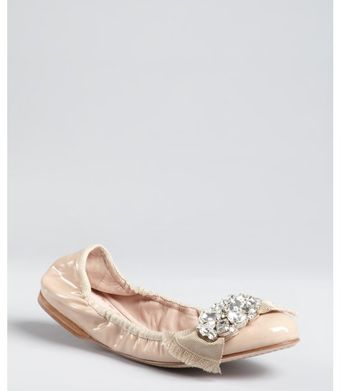 Miu Miu Powder Pink Patent Leather Jewel and Bow Embellished Toe Ballet Flats - Lyst
