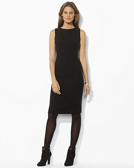 Ralph Lauren Wool Herringbone Shift Dress in Black | Lyst