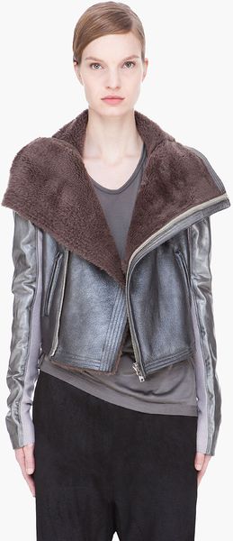 Rick Owens Silver Shearling Biker Jacket - Lyst