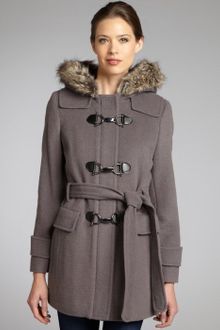 Kenneth Cole Cement Wool Blend Silvertone Clasp Fauxfur Hooded Coat - Lyst