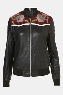 Topshop Clive Embroidered Leather Bomber Jacket - Lyst