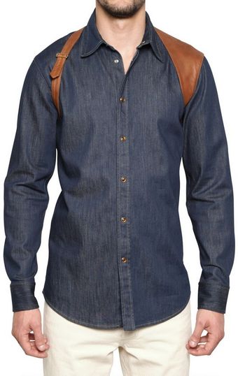 Alexander McQueen Cotton Denim Leather Harness Shirt - Lyst