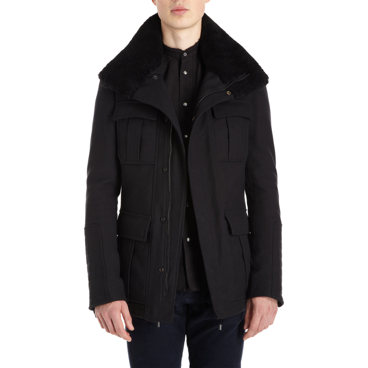 Balmain Shearling Collar Coat in Black for Men Lyst