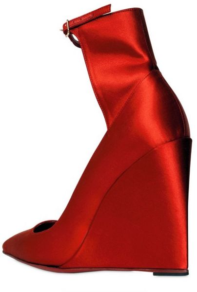 red satin wedges