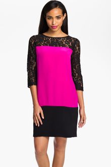Eliza J Colorblock Lace Sleeve Crêpe De Chine Dress - Lyst