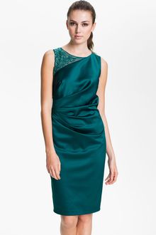 Eliza J Mesh Shoulder Ruched Satin Sheath Dress - Lyst