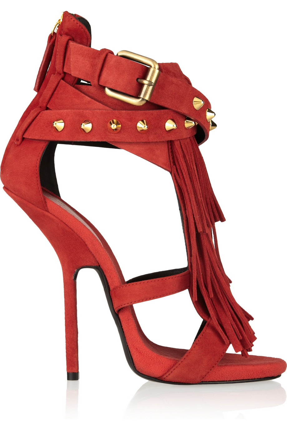 Shoeniverse: GIUSEPPE ZANOTTI Red Fringed Studded Suede Sandals