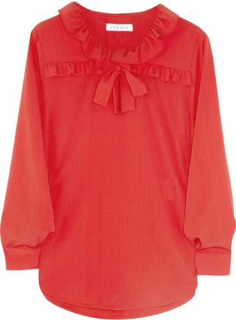 Sandro Ruffleneck Crepe Blouse - Lyst