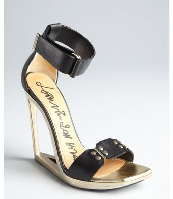 Lanvin Black and Gold Leather Ankle Strap Mirrored Cutout Wedge Sandals - Lyst