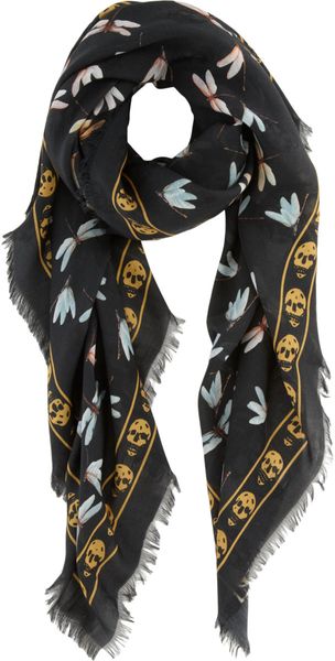 Alexander McQueen Dragonfly Scarf with Skull Border - Lyst