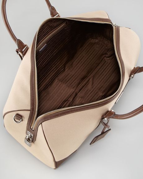 Prada Canvas Leather Trim Duffle Bag in Beige for Men (beige brown) | Lyst