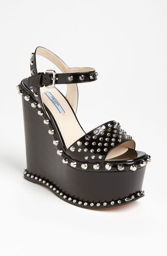 Prada Studded Wedge Sandal - Lyst