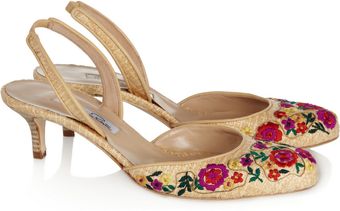 Oscar de la Renta Jardini Embroidered Raffia and Leather Slingbacks - Lyst