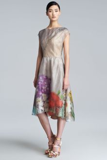Lela Rose Floral Organza Capsleeve Dress - Lyst