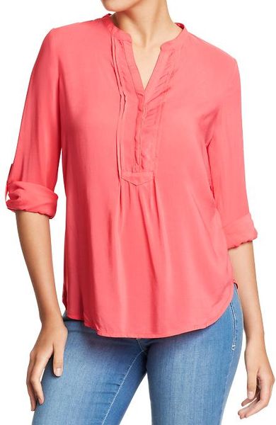 Old Navy Pintucked Split-neck Tunic Tops in Pink (coral tropics)