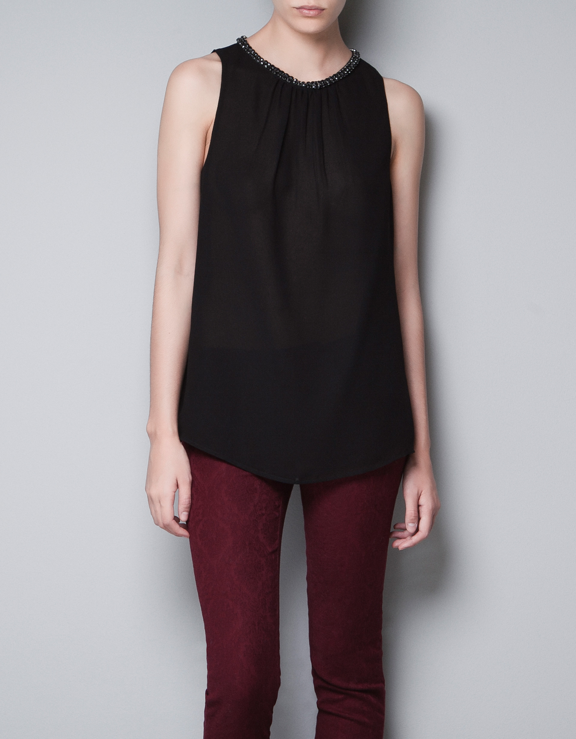 Zara Sleeveless Top with Jeweled Neckline in Black Lyst