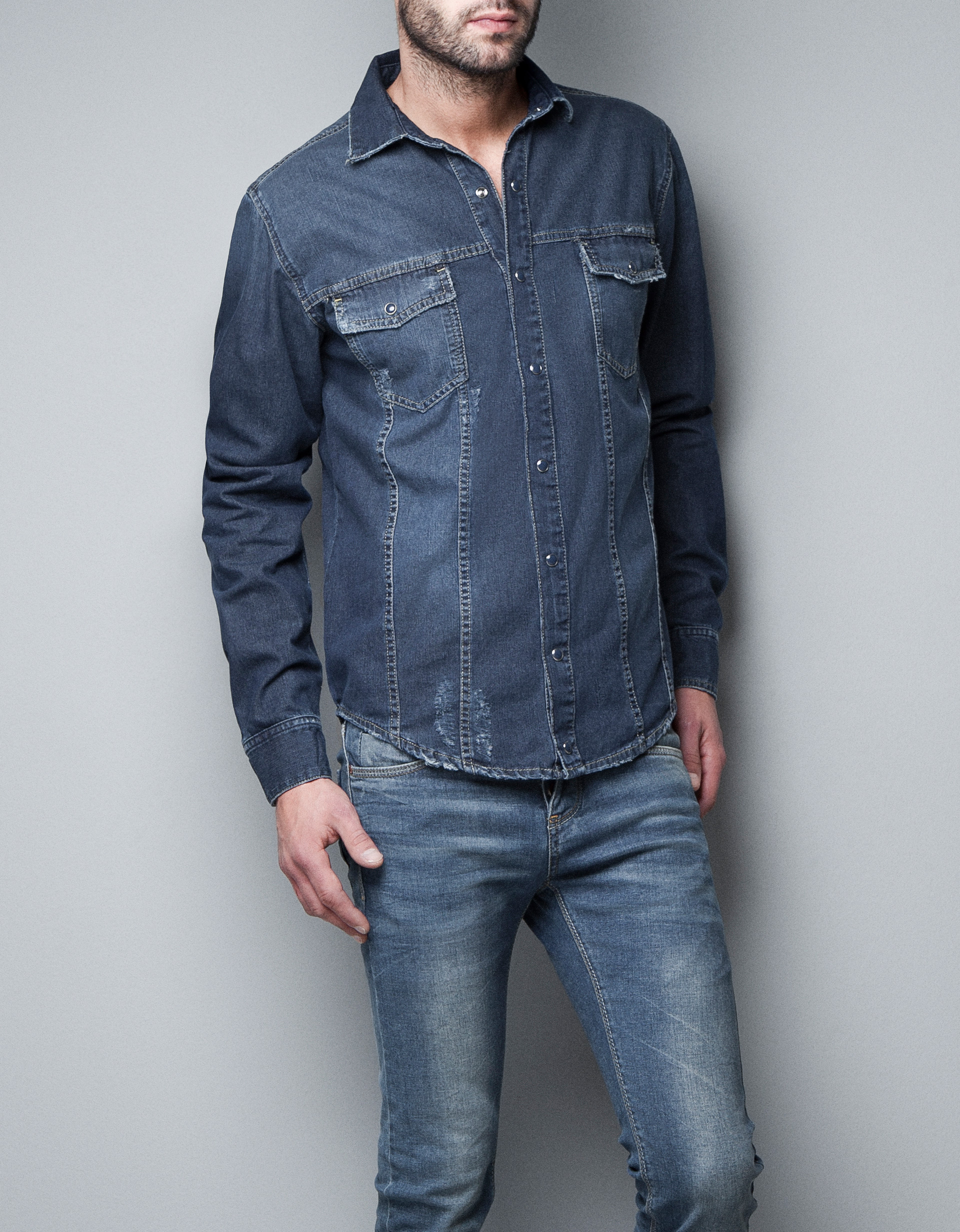 Zara Ripped Denim Shirt in Blue for Men (indigo) Lyst