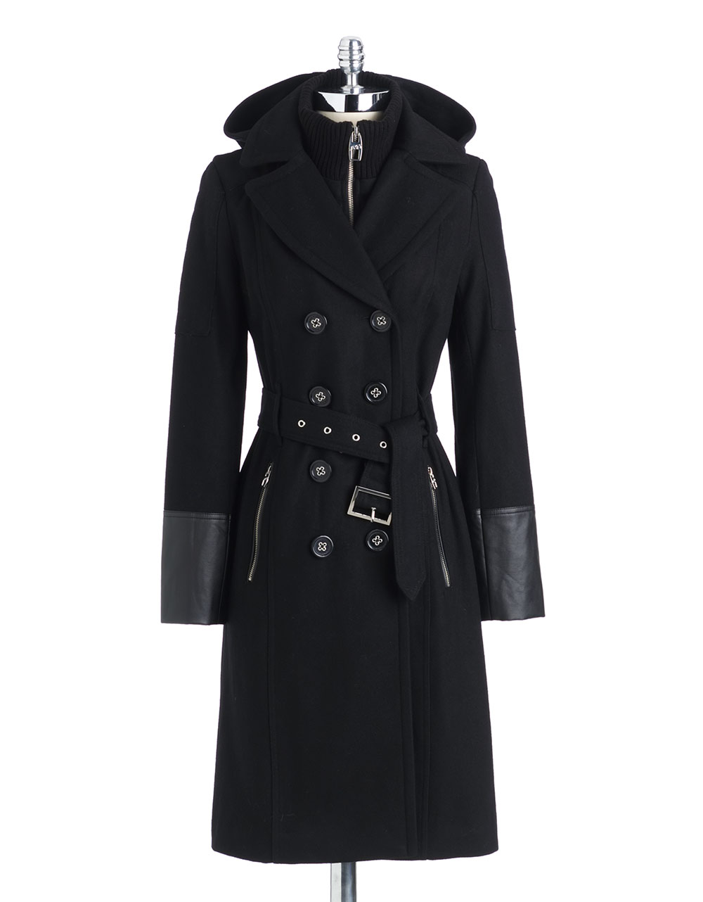Miss Sixty Faux Leather Trim Hooded Jacket in Black | Lyst