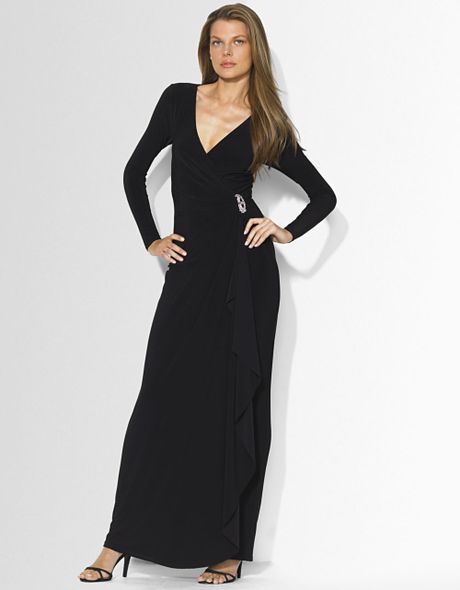 Lauren By Ralph Lauren Pascha Long Evening Brooch Dress in Black