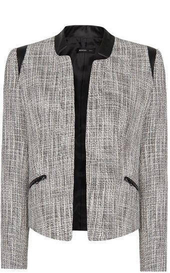 Mango Leather Panels Boucle Jacket - Lyst