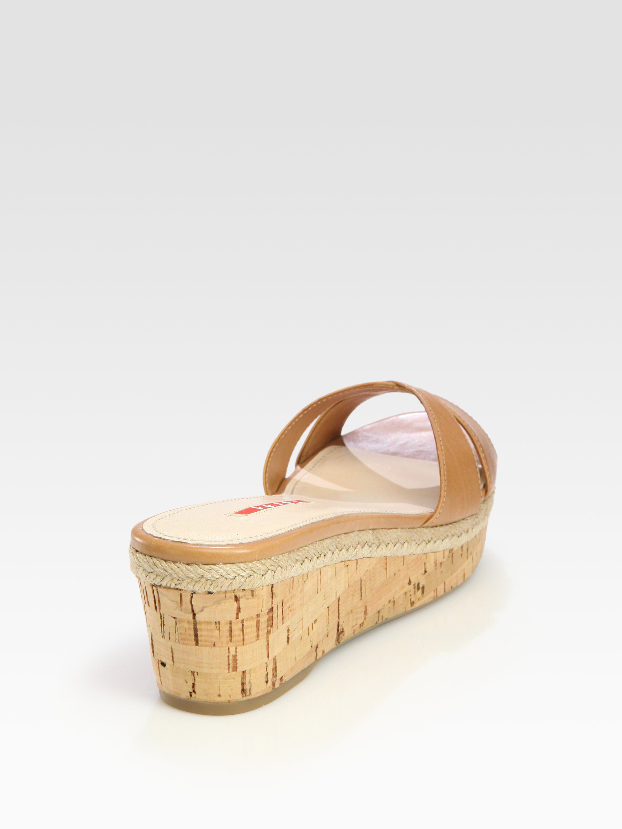 Prada Leather Cork Wedge Slides in (natural) Lyst
