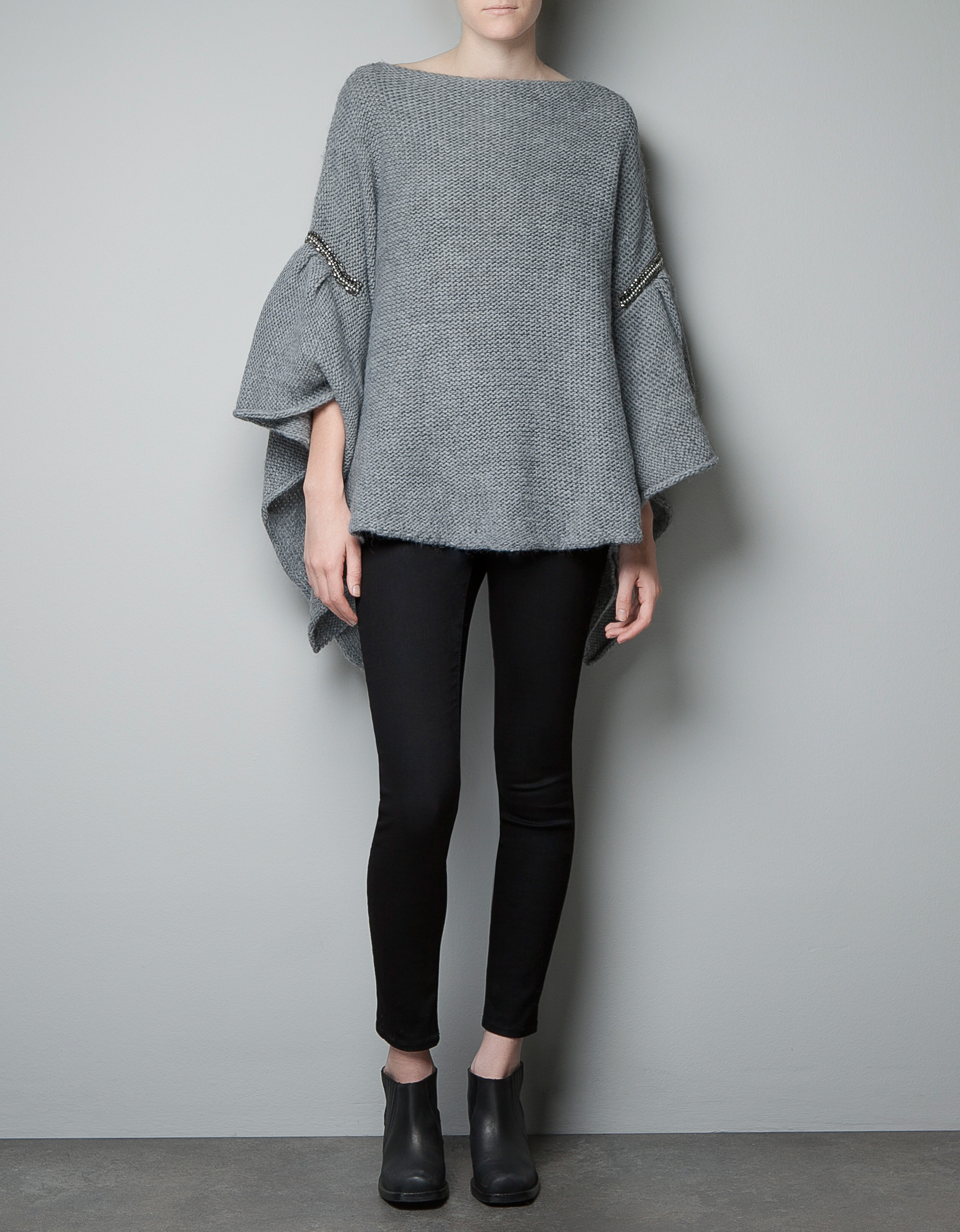Zara Poncho Sweater with Rhinestones in Gray (mid grey) Lyst