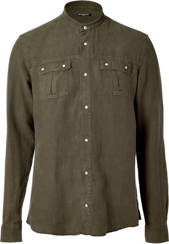 Balmain  Linen Collarless Shirt - Lyst